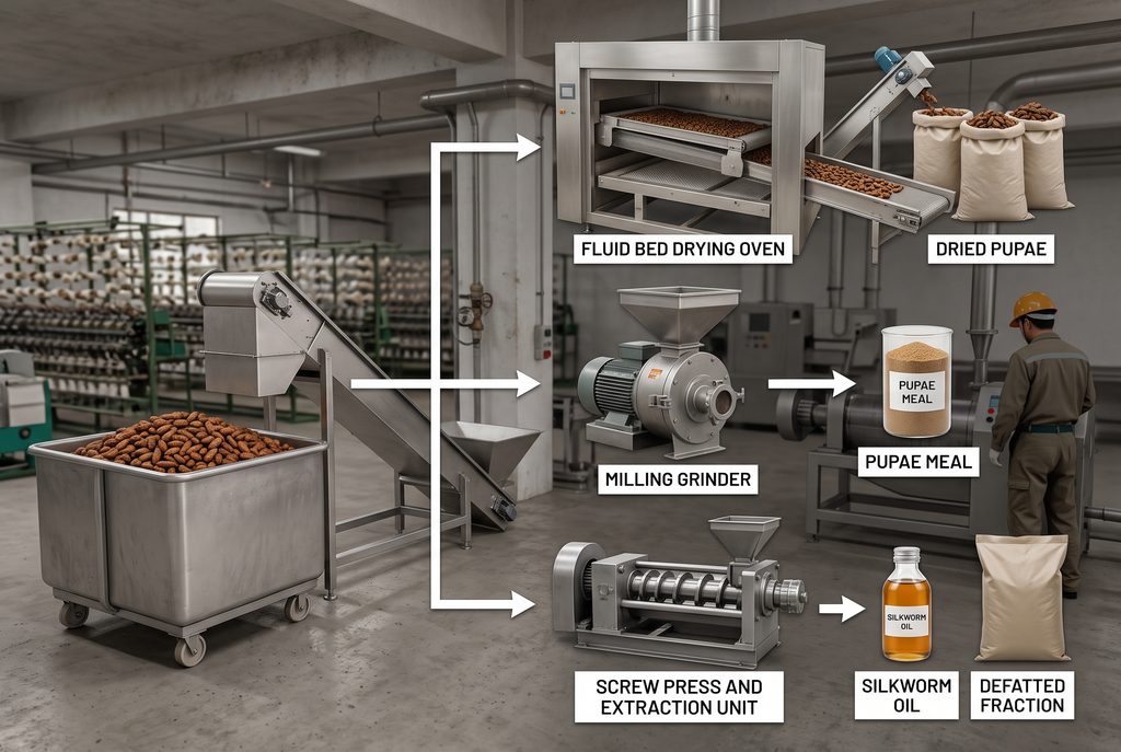 Silkworm production with pupae processing into dried pupae meal oil and defatted ingredients