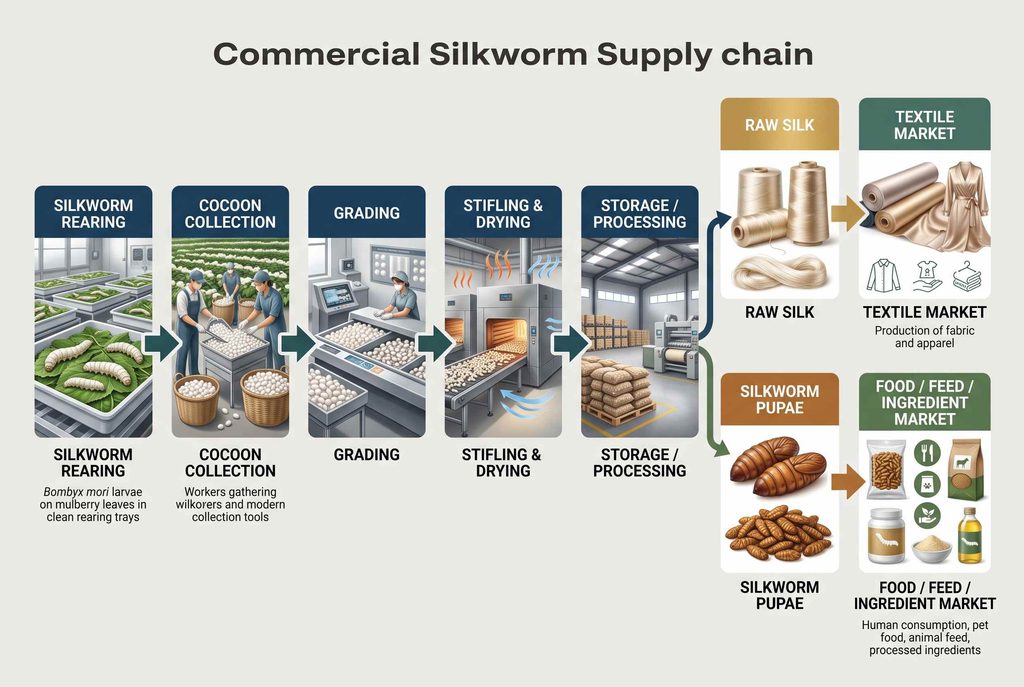 Silkworm supply chain from cocoon collection and processing to silk and pupae distribution