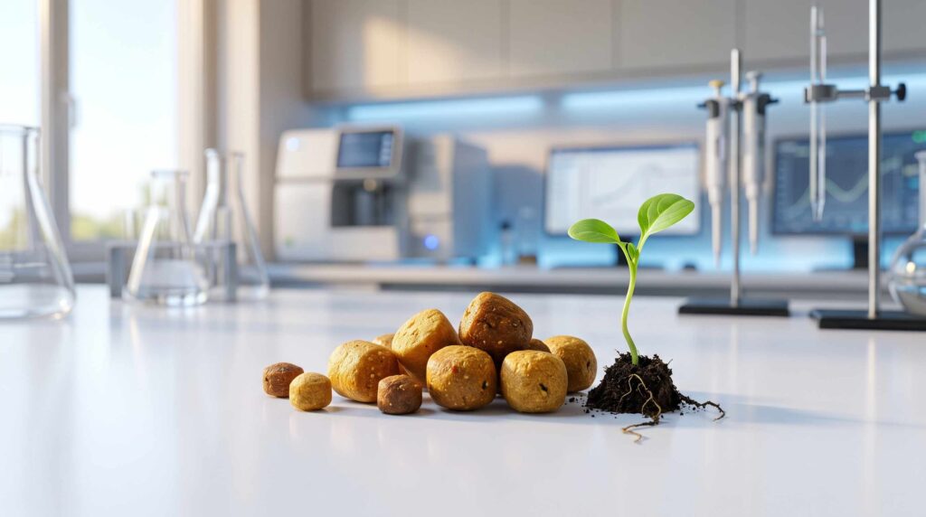 Sustainable aquaculture fish feed pellets representing Black Soldier Fly Larvae (BSFL) protein alternative in European market.