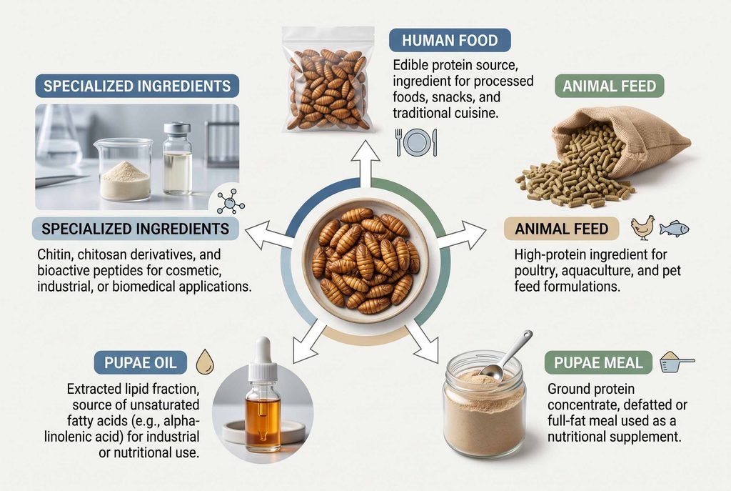Silkworm pupae commercial applications in food animal feed oil protein and processed ingredients