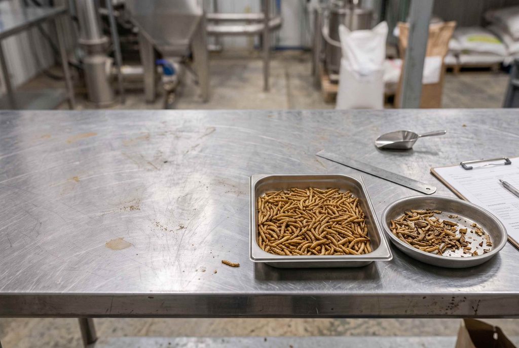 Whole dried insect samples inspected for size distribution and physical integrity