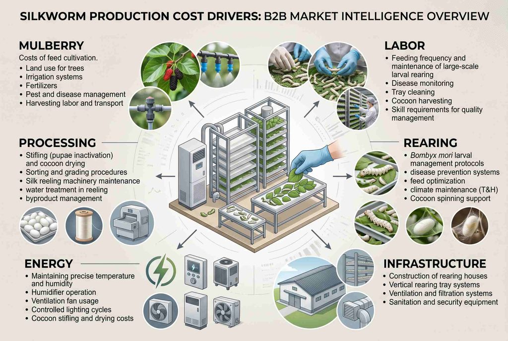 Silkworm production cost drivers including mulberry labor rearing infrastructure and processing
