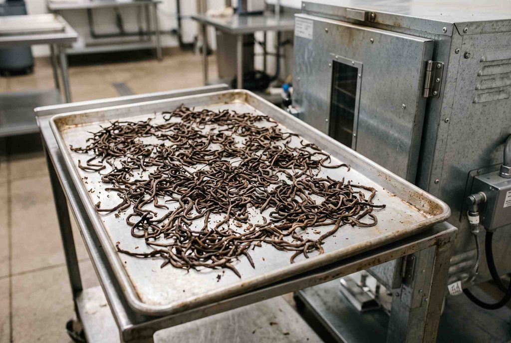 Earthworm production drying and processing of commercial biomass