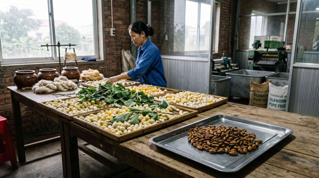 Silkworm industry from sericulture and silk production to commercial pupae applications