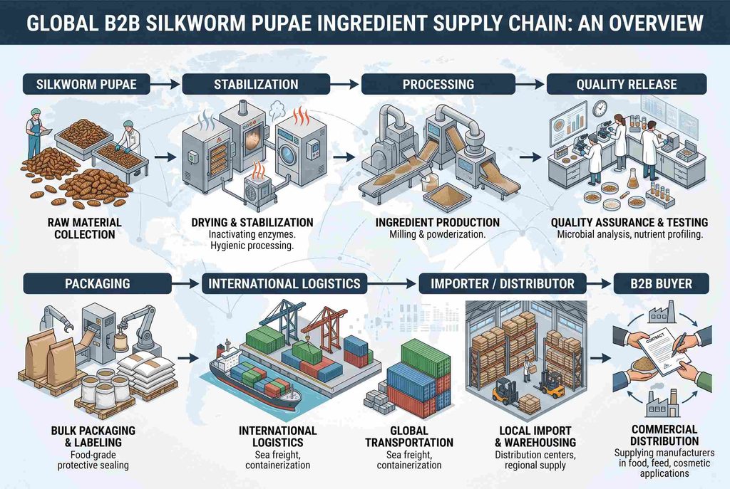 Silkworm pupae ingredient supply chain from processing and quality release to B2B distribution