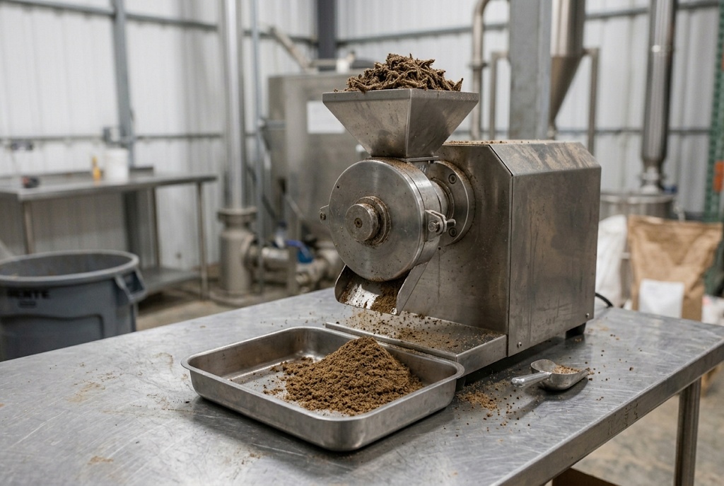 Industrial cricket meal processing with stainless-steel milling equipment