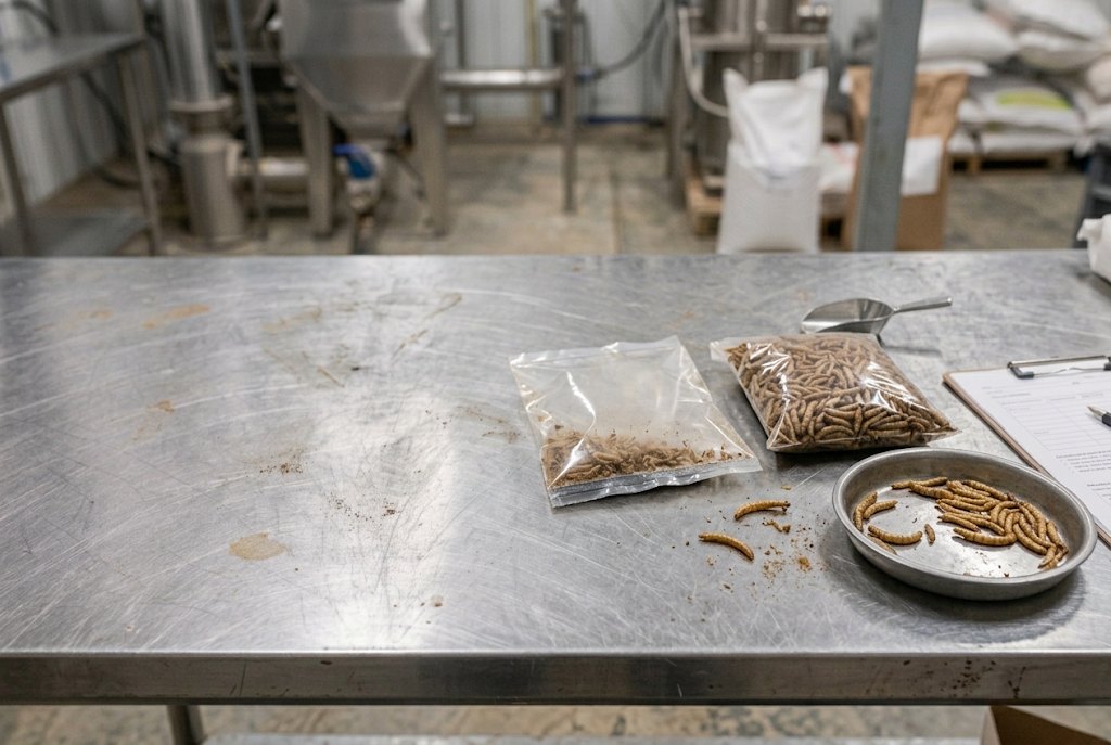 Commercial dried mealworms inspected for packaging integrity and moisture exposure